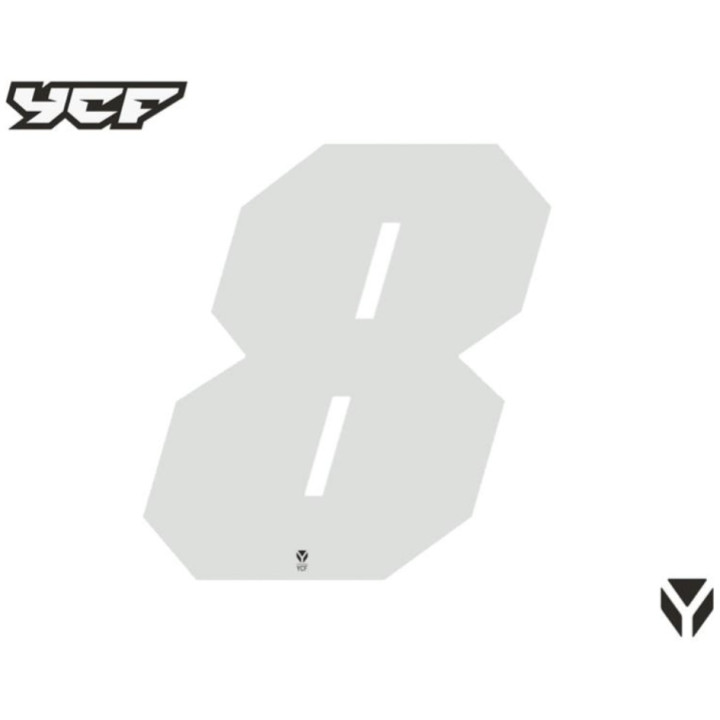Numéro course 8 blanc YCF - Lot de 3 stickers